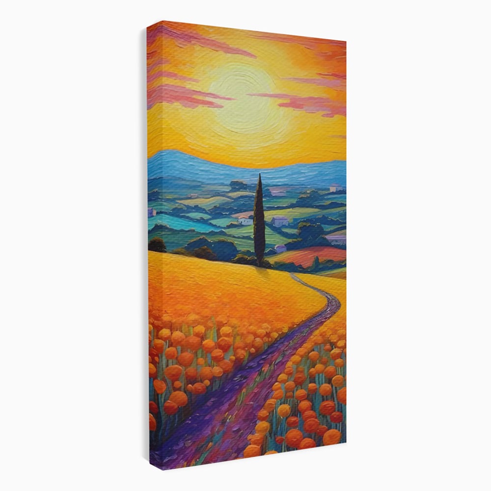 Tablou canvas cu pictura peisaj cu drum si chiparos, fara rama, pe sasiu de lemn